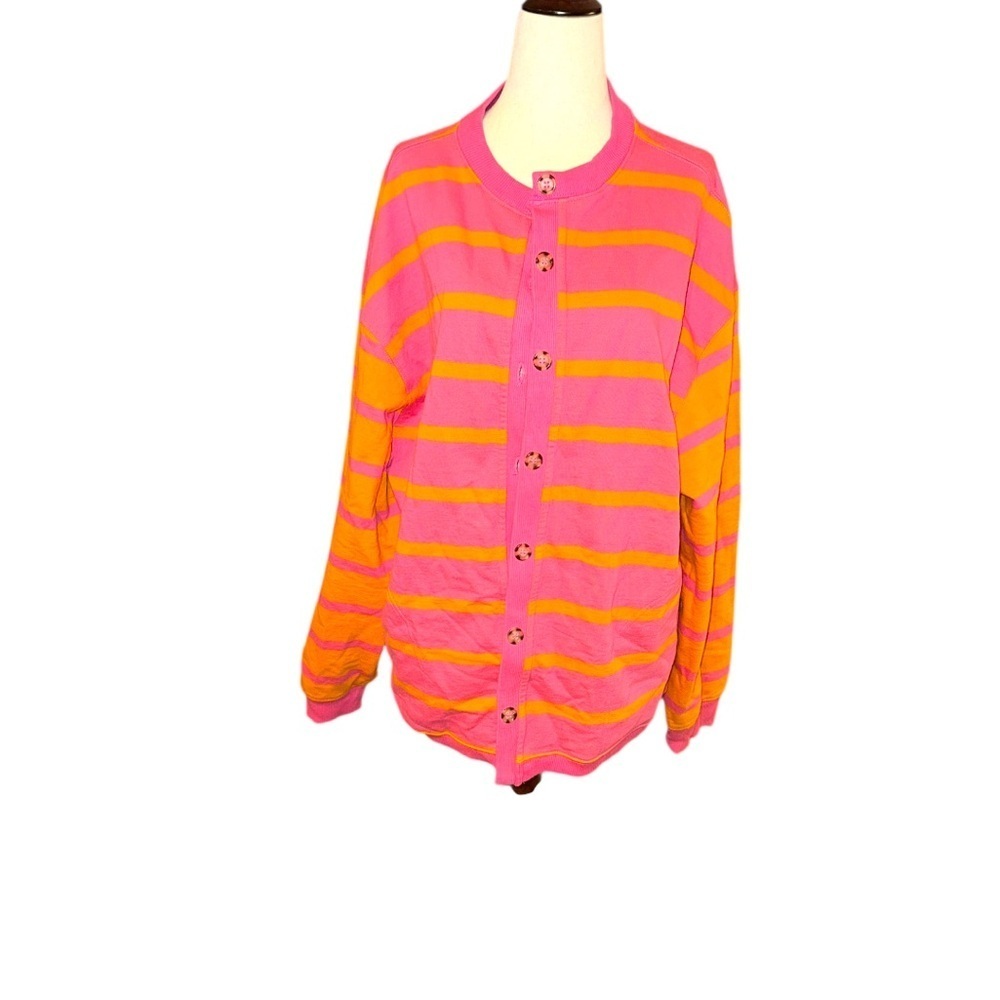Free People Pink and Orange Oversized Striped Cardigan Sweater - Picture 1 of 4